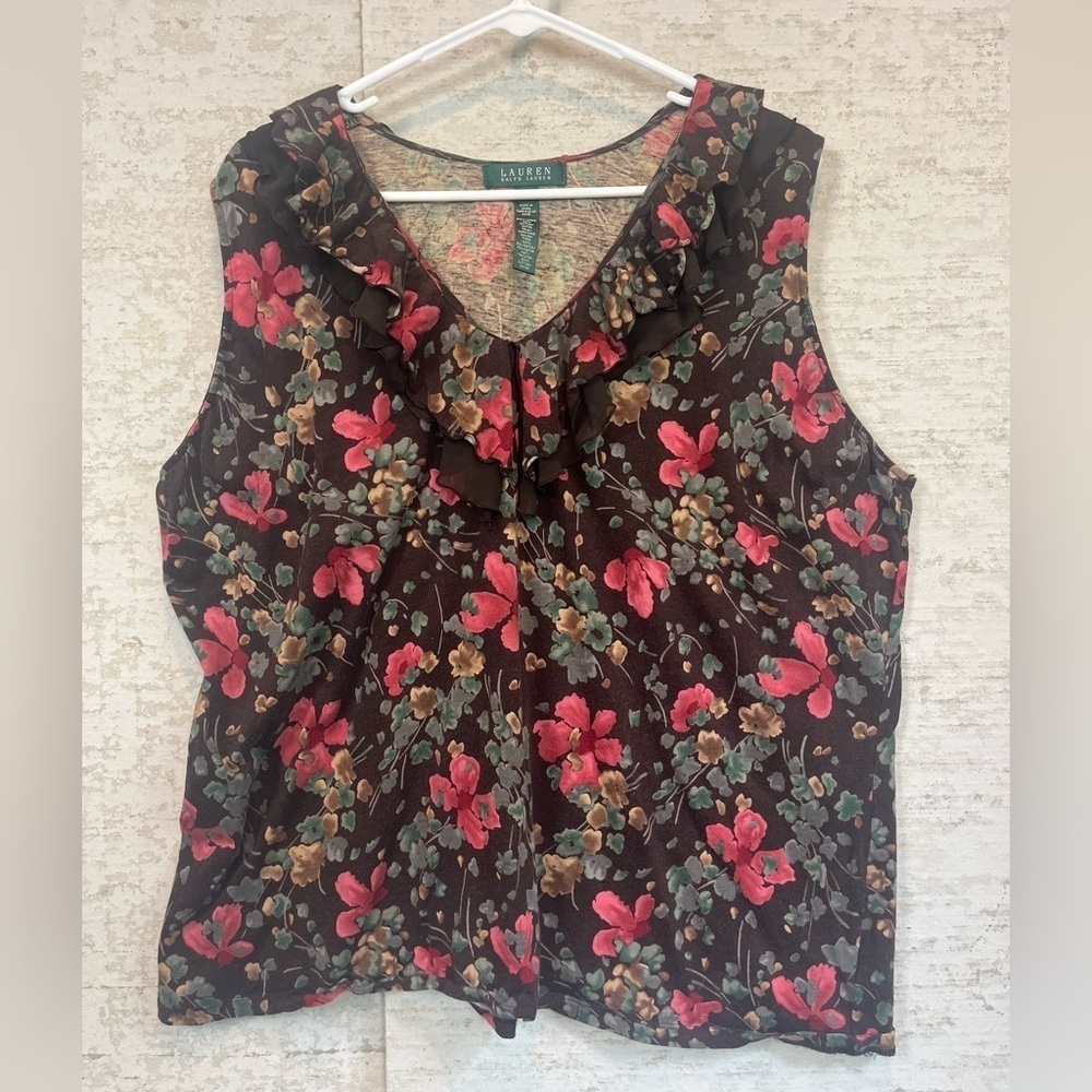 Lauren Ralph Lauren Sleeveless Floral Ruffled Collar Blouse Sz 3X Old Money